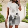 Women Plus Size Round Neck Short Sleeve Black Grey Abstract Printed Fitted Mini Dress