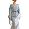 V-neck Lace-up Elegant High Waist Skirt 2 Pieces Knitting Suit Skirt 2-Piece Knitted Set