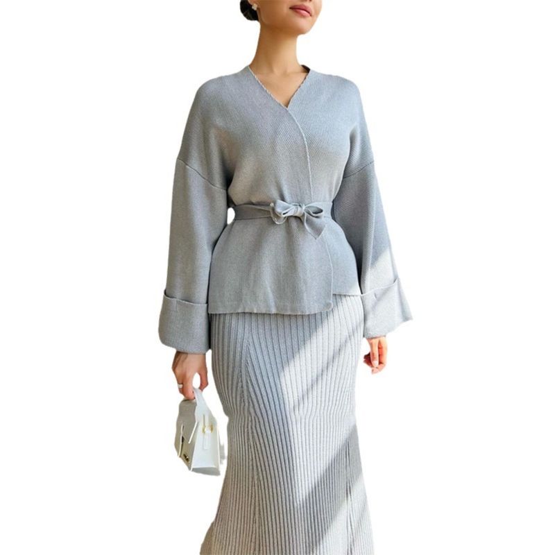 V-neck Lace-up Elegant High Waist Skirt 2 Pieces Knitting Suit Skirt 2-Piece Knitted Set