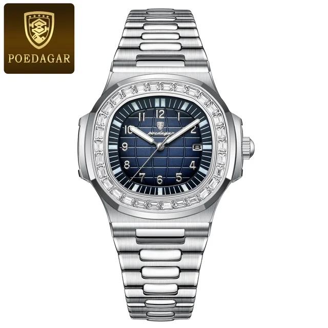 POEDAGAR Stainless Steel Casual Quartz Watches Luxury Diamond Square Wristwatch Luminous Waterproof Auto Date Men Watch