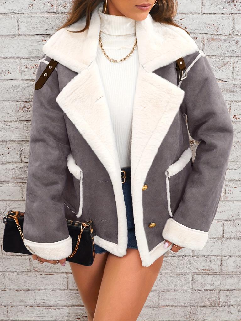 Women's Brown and White Contrast Faux Shearling Jacket with Gold Buttons