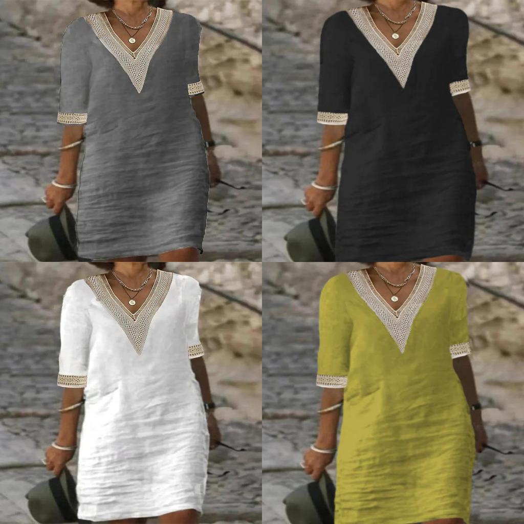 Casual Cotton Linen Dress With Vneck And Short Sleeves For Summer 2024