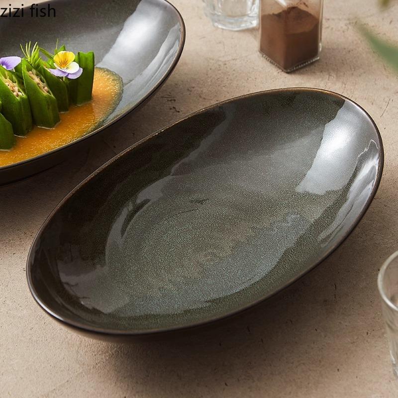 Olive Green Oval Fish Plate Kiln Changes Deep Plate Thick Soup Plate Sashimi Plates Service Plates Hotel Creative Tableware