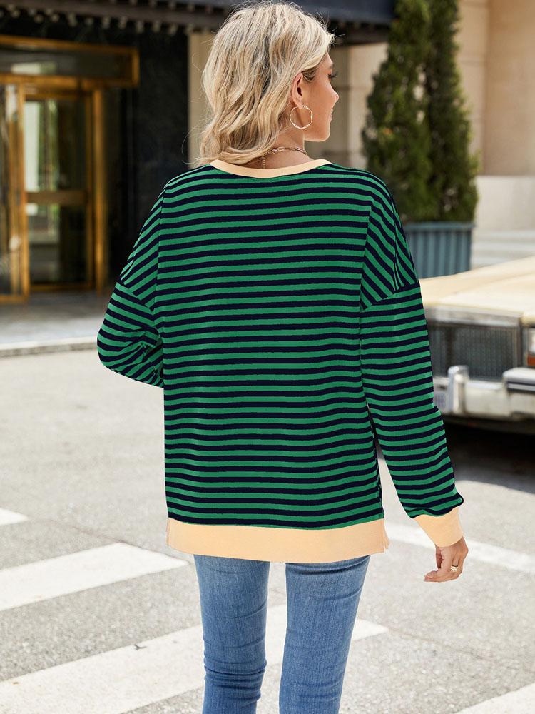 Elegant and Fashionable Autumn and Winter Comfortable Round Neck Striped Splicing Open Loose Long-sleeved Sweater Jacket Pullover Shirt Hoodies