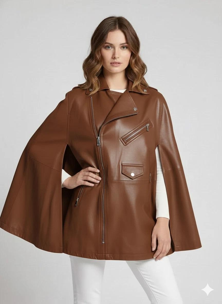 

Brown Handmade Lambskin Poncho Style Casual Party Wear Soft Women Leather Jacket 3XL коричневий