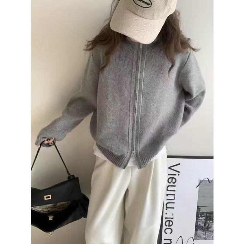 Autumn and winter new double zipper sweater jacket women's thick stand-up collar casual design short knitted cardigan women