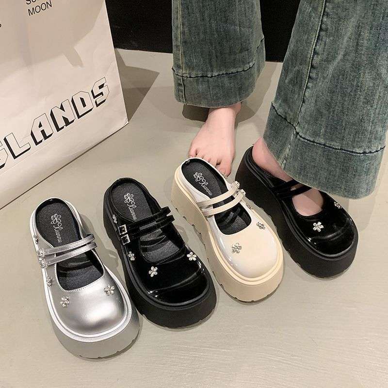 Thick-soled Heightening Mary Jane Shoes Women's Shoes 2025 New Small Double Straps Rhinestone Patent Leather Heightening Half Slippers Women