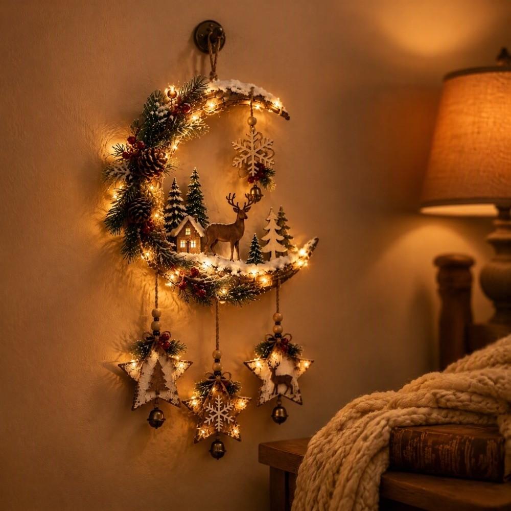 Rustic Christmas Crescent Moon Wall Decor Wooden Crescent Moon Wall Hanging Ornament Vintage Farmhouse Wooden Moon Hanging Sign