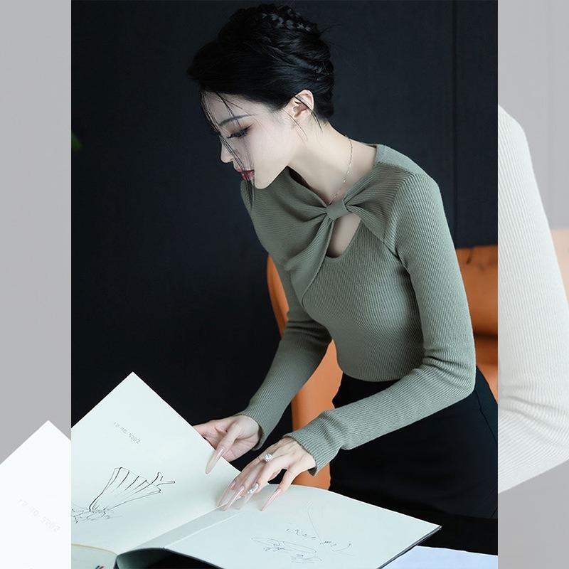 

Pinch waist top women s autumn fashionable high-end bean green long-sleeved knitted sweater women One Size