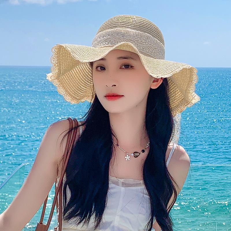 Lace bow big brim straw hat women's summer breathable sunshade sunscreen beach hat sweet bucket hat