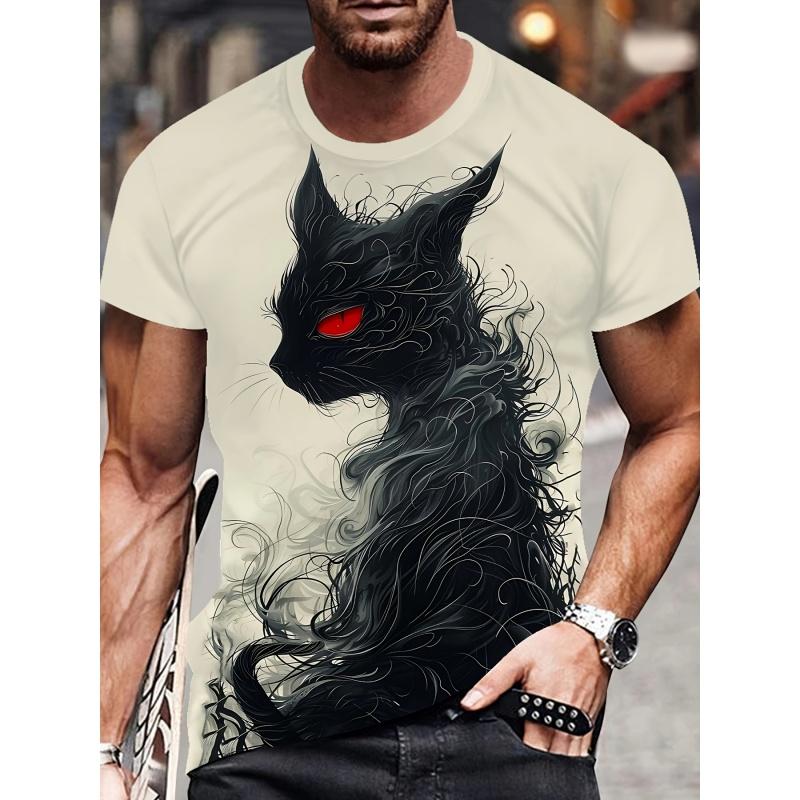 3D Cute Cat Men's T-Shirt, Funny Animal Print Short Sleeve, Harajuku Street Style Top, Crew Neck