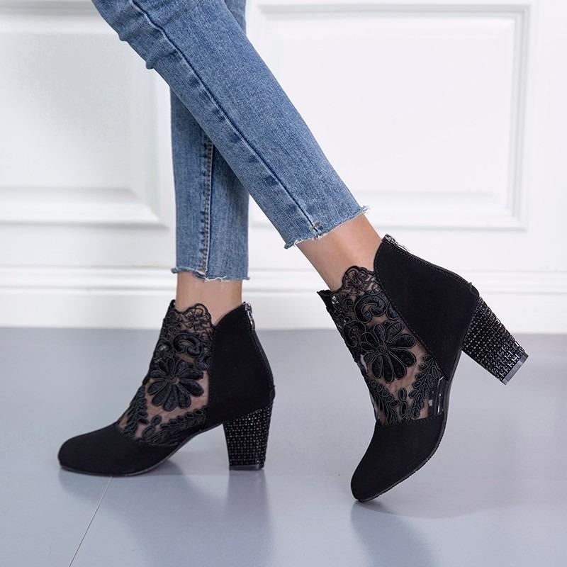 Amazon Large Size Mesh High Heel Women's Sandals European and American Fashion Lace Round Toe Women's Block Heel Single Shoes
