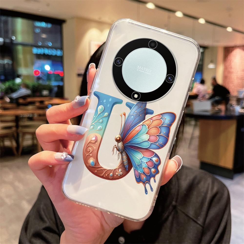 For Honor X9b X9a X9c Magic5 6 7 Lite Blue Butterfly Flower Letters A-Z Transparent Clear Women Phone Case Silicone Bumper Cover