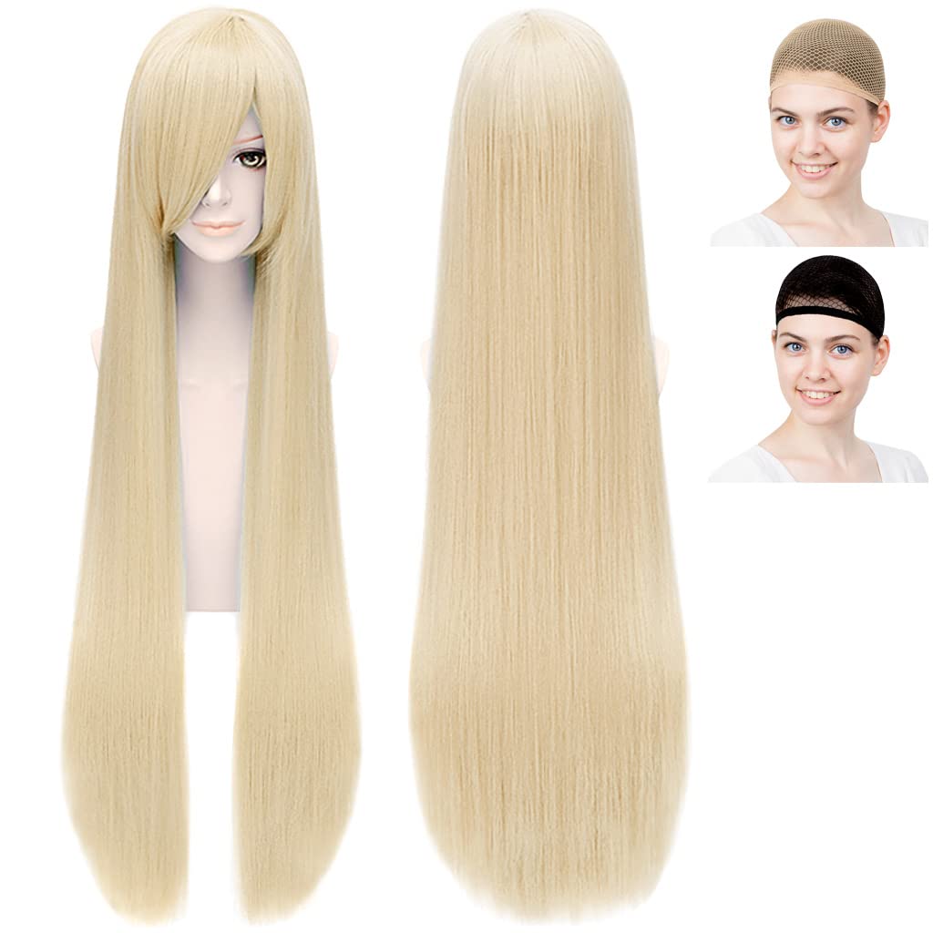 CaseEden Cosplay Světlý Bílý Parukový Set 2 Paruky, Hladká, Rovná, Dlouhá, 100cm, Zlatá, Blond, Melche, Síťka,