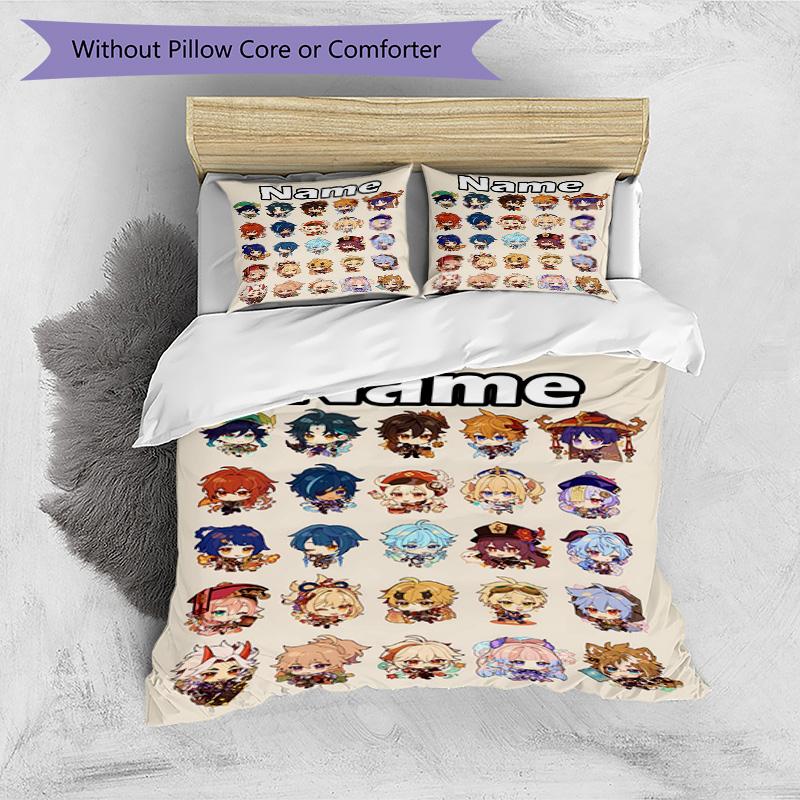 3pcs Duvet Cover Set (1*Duvet Cover + 2*Pillowcase, Without Core), Custom Name Genshin Impact Pattern Bedding Set, Home Bedroom Decor Gift
