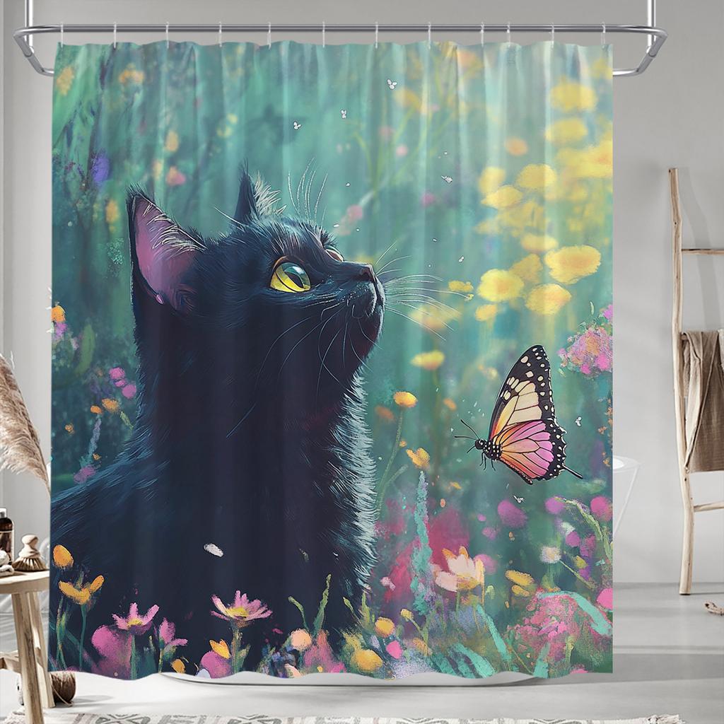 1pc Black Cat Gazing at Butterfly Digital Shower Curtain, Whimsical Garden Art, 70.8x70.8 Inches, Includes 12 Hooks