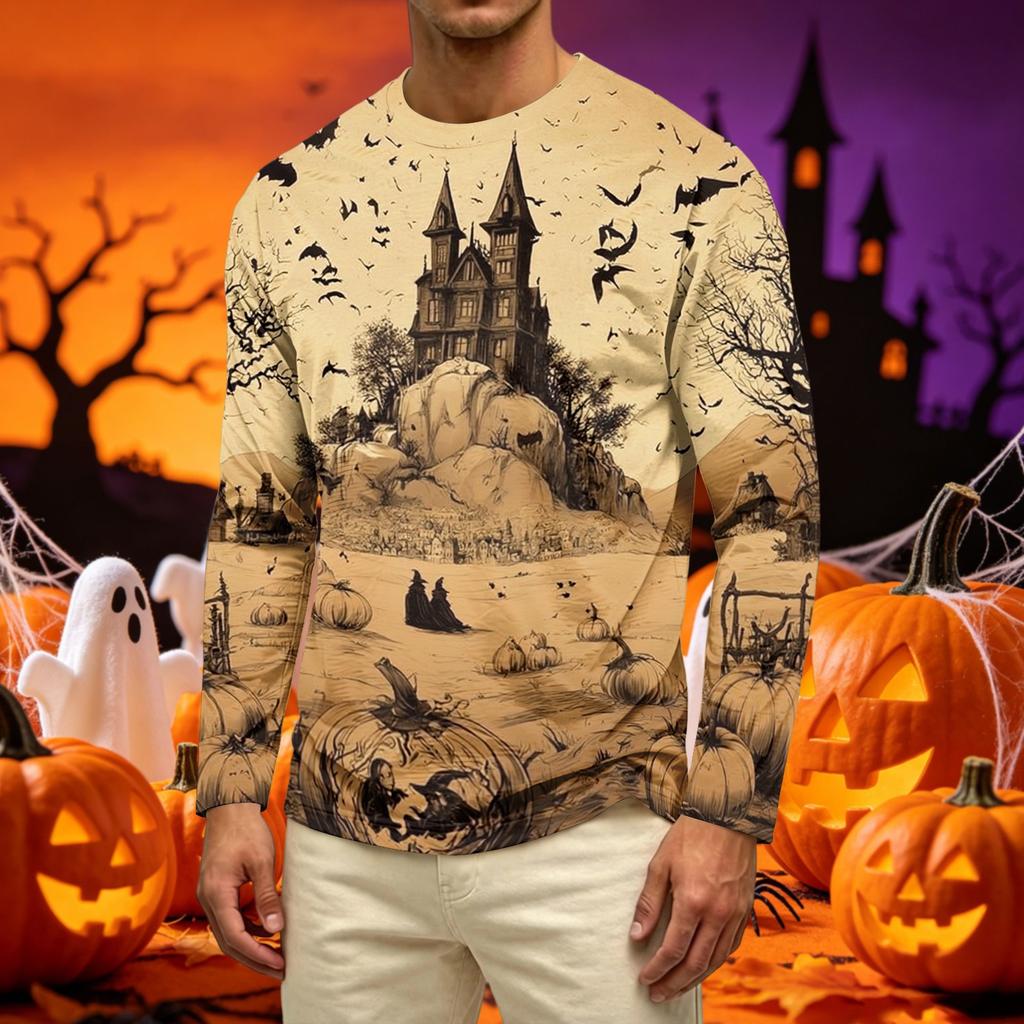 Men's Casual Long Sleeve Crew Neck T-Shirt with All Over Ghost Print Lightweight Comfortable Fit for Everyday Wear