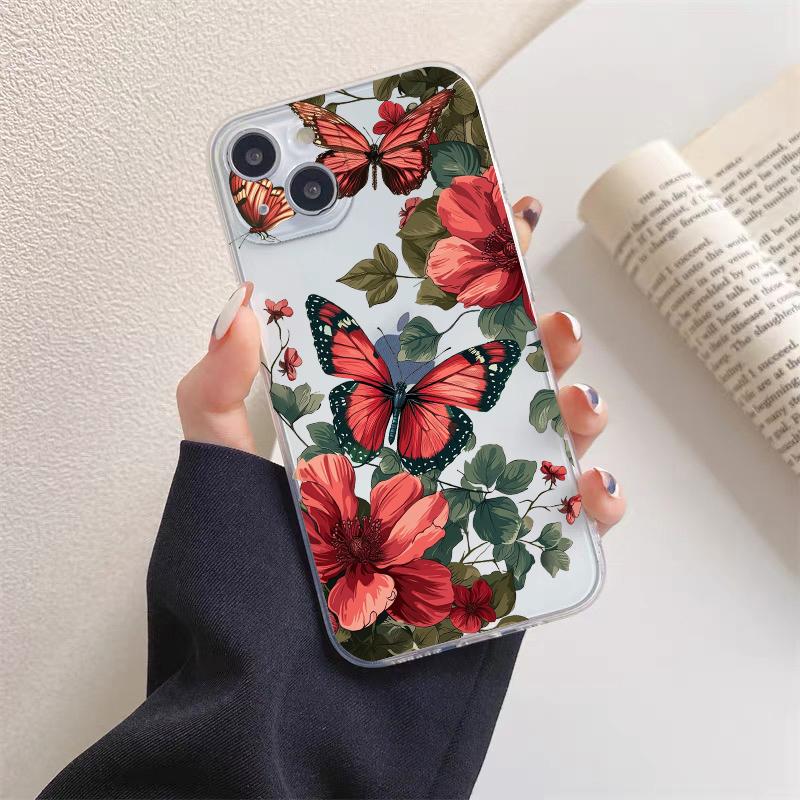 Vintage Flower Clear Phone Case For iPhone 12 11 13 Pro Max Mini 14 Pro Max Plus 7 8 Plus SE2 X XR XS Butterfly Plant Back Cover