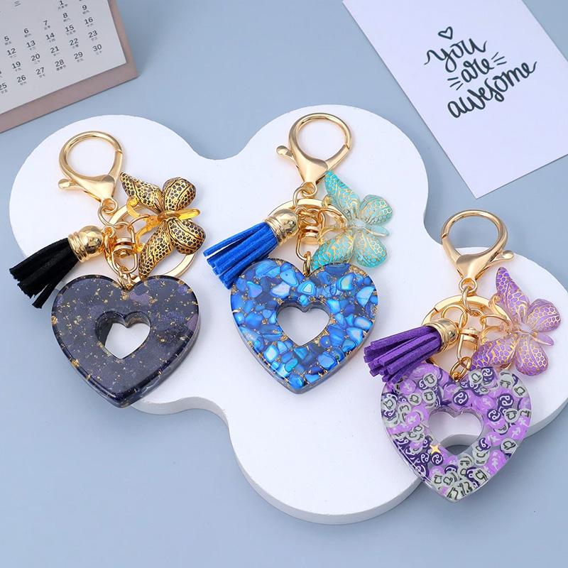 1PC Keyring Creative Butterfly Tassel for Wallet Handbag Love Heart Car Key Accessories Resin Keychain Crystal