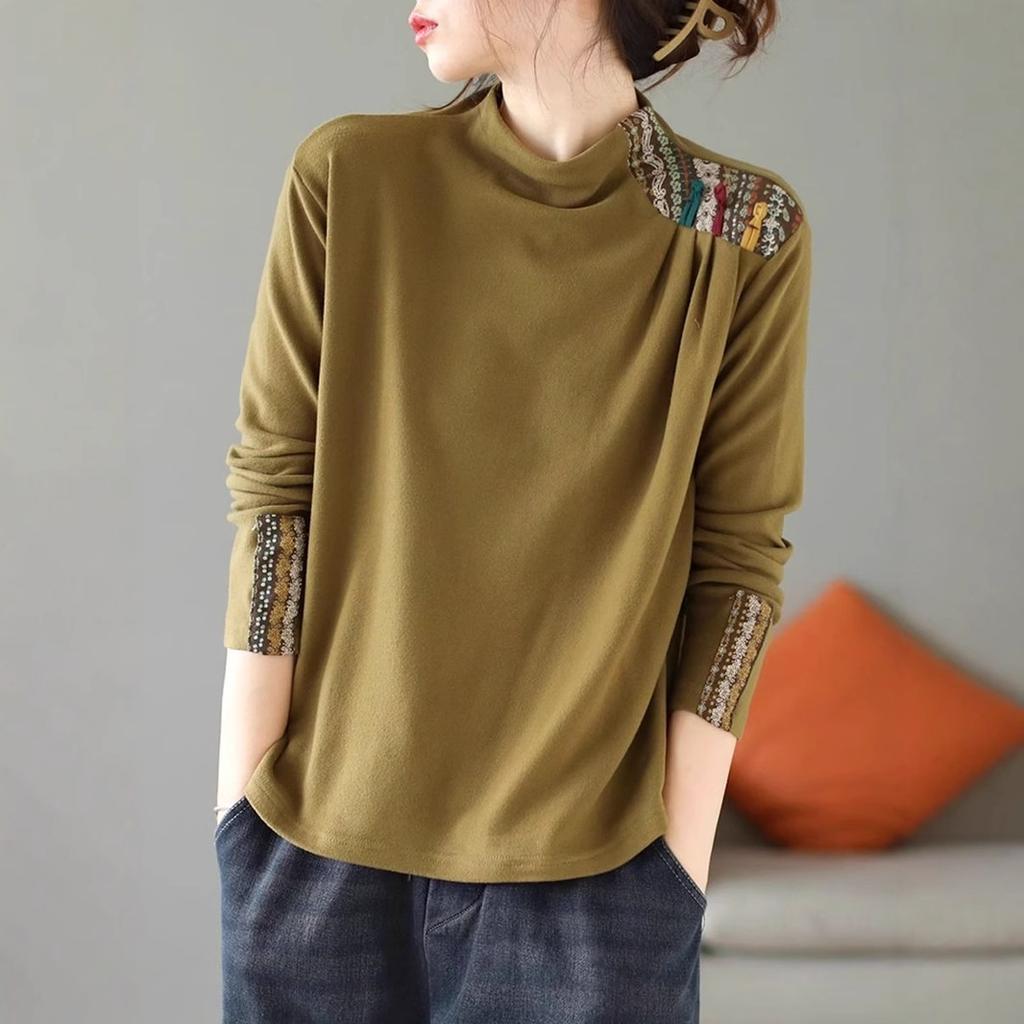 Double-sided Fleece Pullover Top Text Women's Art Retro Ethnic Style Patch Base Shirt Long-sleeved Button T-shirt