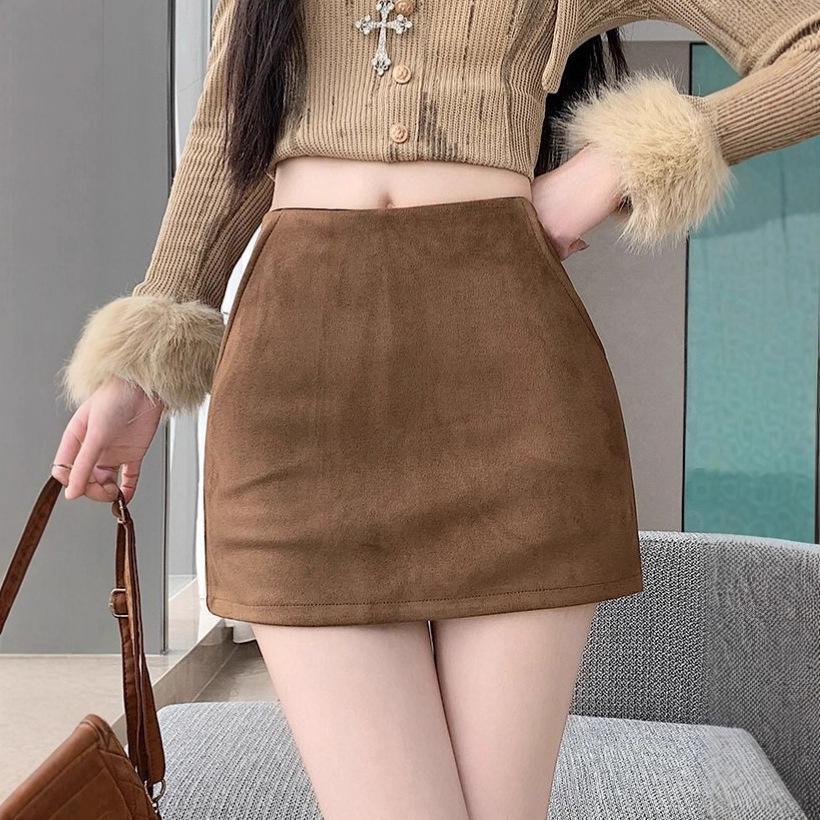 

High Waist Retro Suede A-line Mini Skirt for Women S кофейный