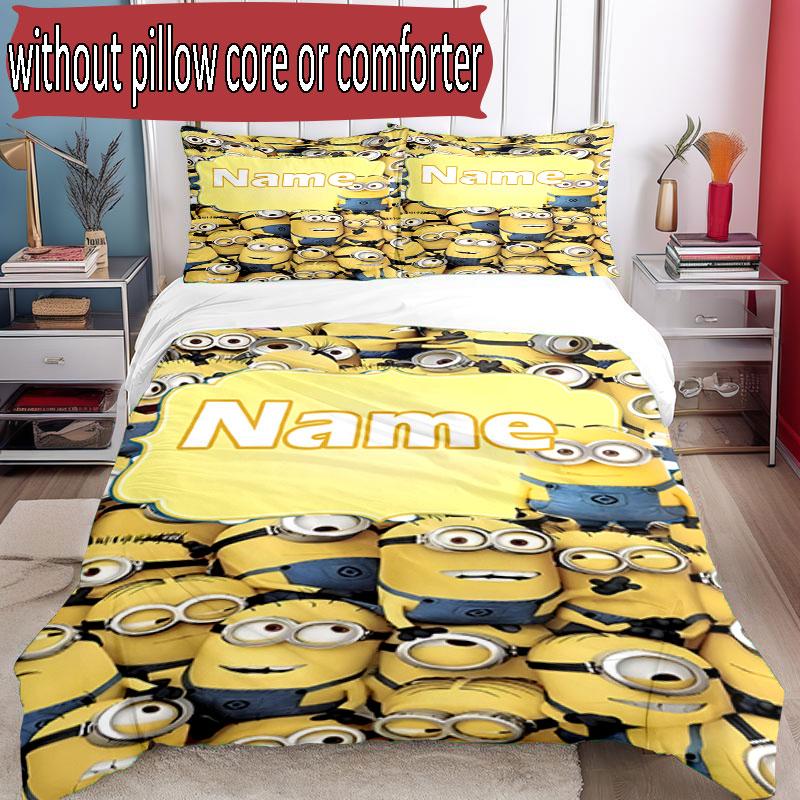 3pcs Duvet Cover Set (1*Duvet Cover + 2*Pillowcase, Without Core), Custom Name Minions Pattern Bedding Set, Home Bedroom Decor Gift