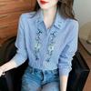 Damen Blau Gestreift Floral Bestickt Langarm Hemd Umlegekragen Durchgeknöpft Bluse Lässiges Retro Oberteil