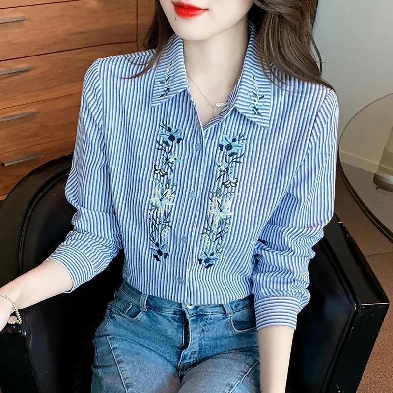 Women s Blue Striped Floral Embroidered Long Sleeve Shirt Turn-Down Collar Button Down Blouse Casual Retro Top S синий