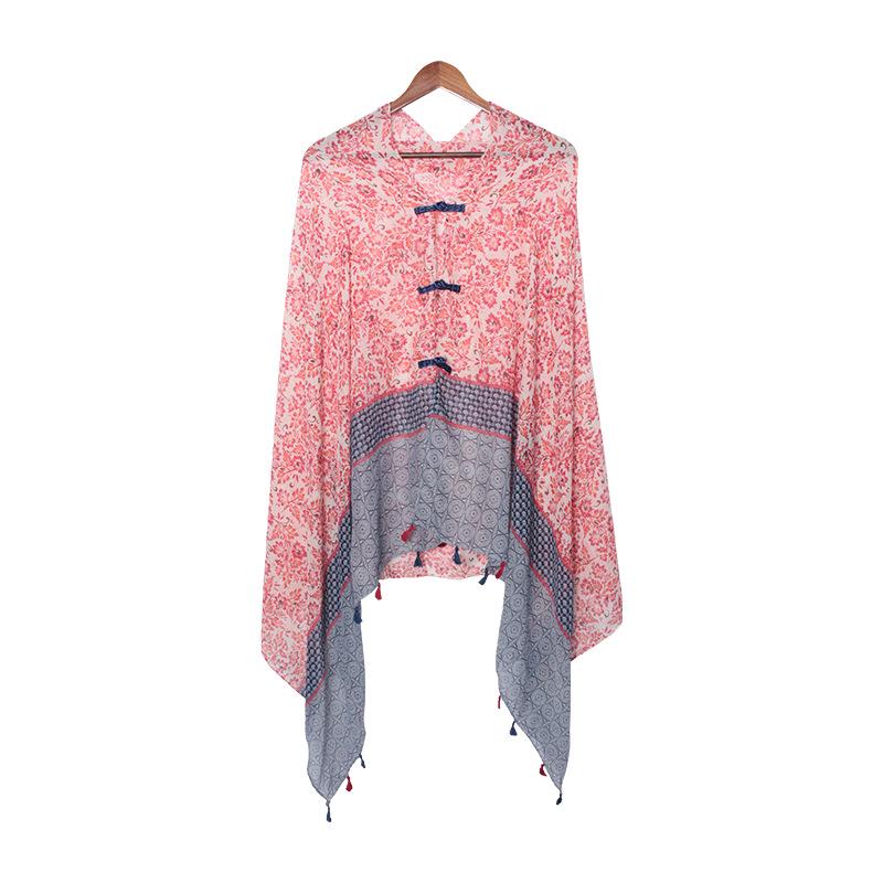 "Summer Ethnic Style Cotton-Linen Shawl: Handmade Retro Button Sunscreen Beach Cover-Up"