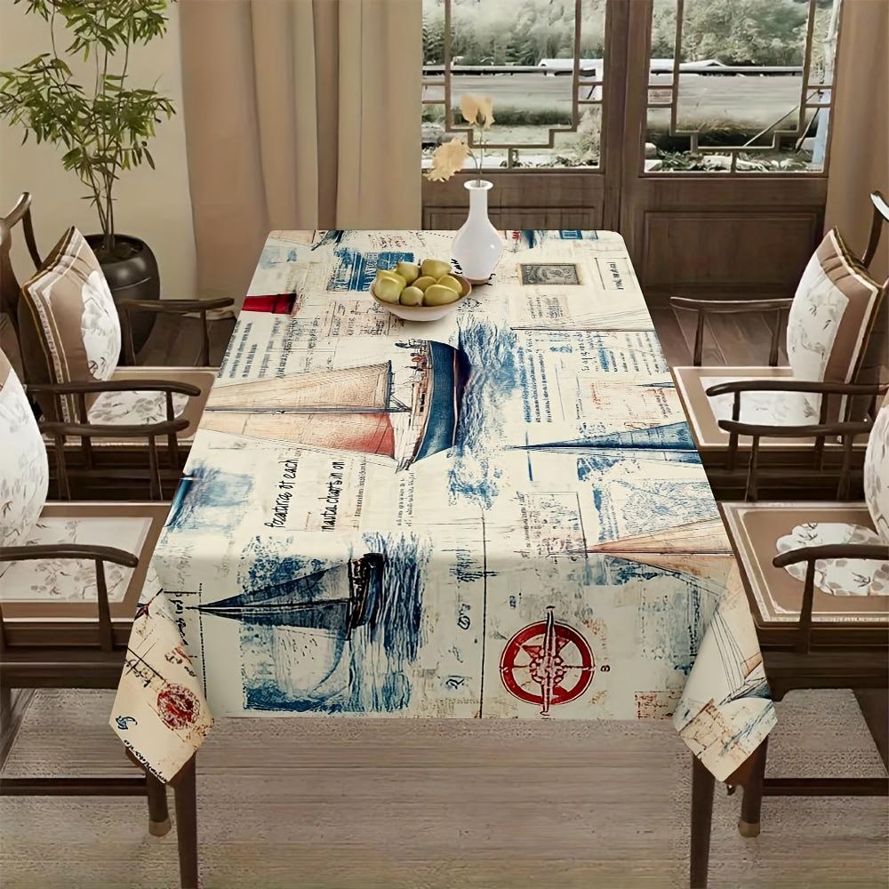 One vintage sailing yacht and ocean collage pattern polyester fabric tablecloth.PMJ