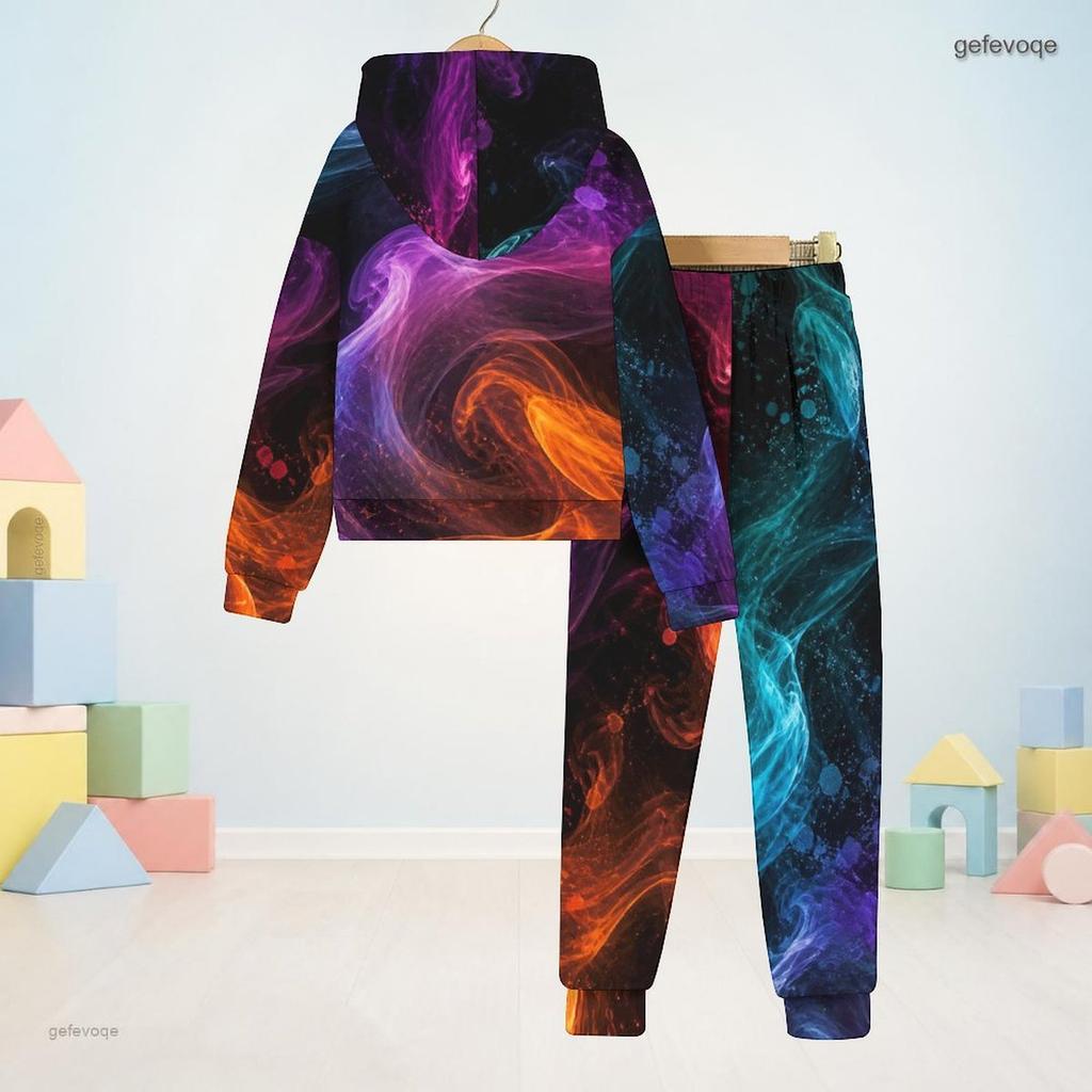 Kids Boys Girls Galaxy Smoke Printed Hooded Long Sleeve Sweatshirt Cuffed Pants Two Piece Set