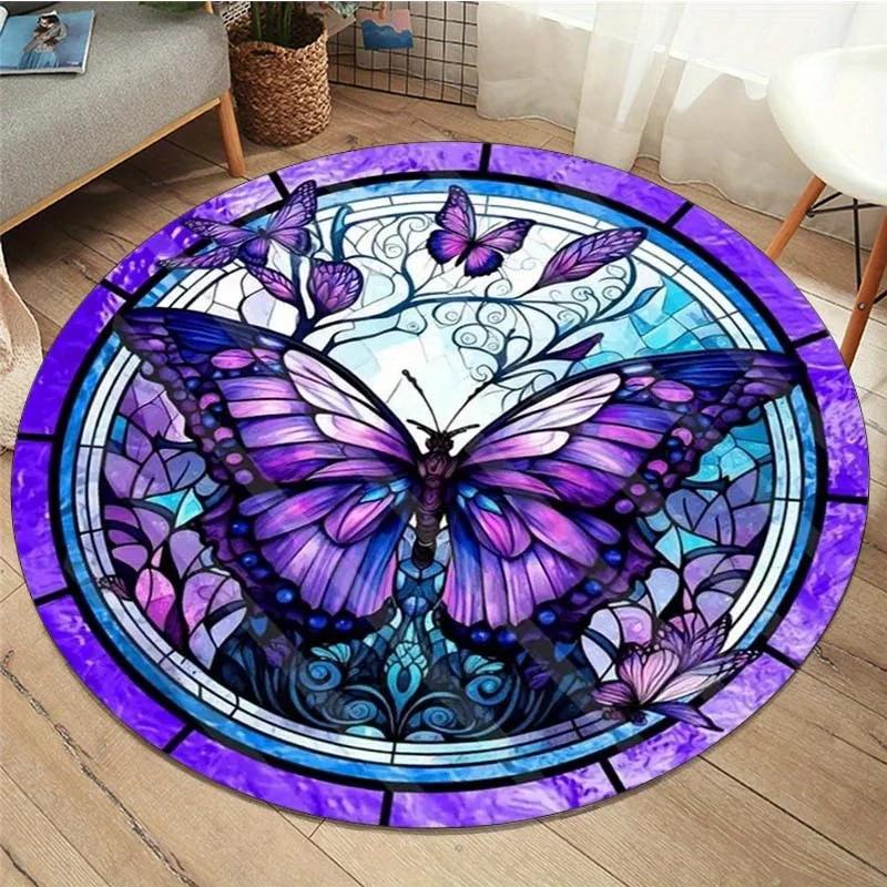 

Purple Butterfly Stained Glass Style Round Rug Boho Art Home Decor for Living Room Bedroom Diameter 60cm