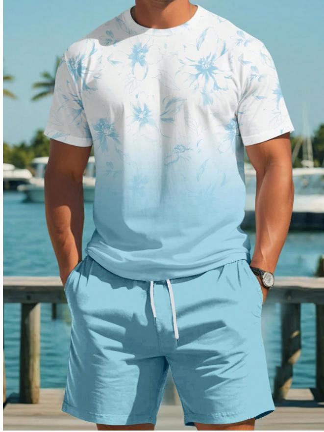 

Summer Tropical Floral Print Crew Neck Short Sleeve Casual T-Shirt and Shorts Set Beach Outfit Beach Tops Shorts Suit S