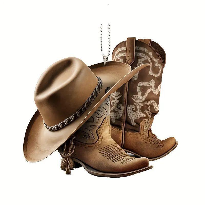 

Whimsical 2d Acrylic Car Decor With Personalized Cowboy Boots And Design Hat