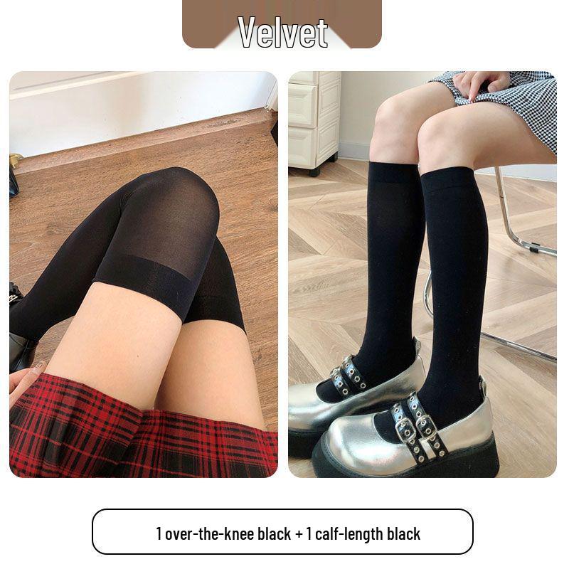 Women's White & Black Japanese Thigh High Silk Stockings - Spring/Summer Velvet Over-the-Knee Socks