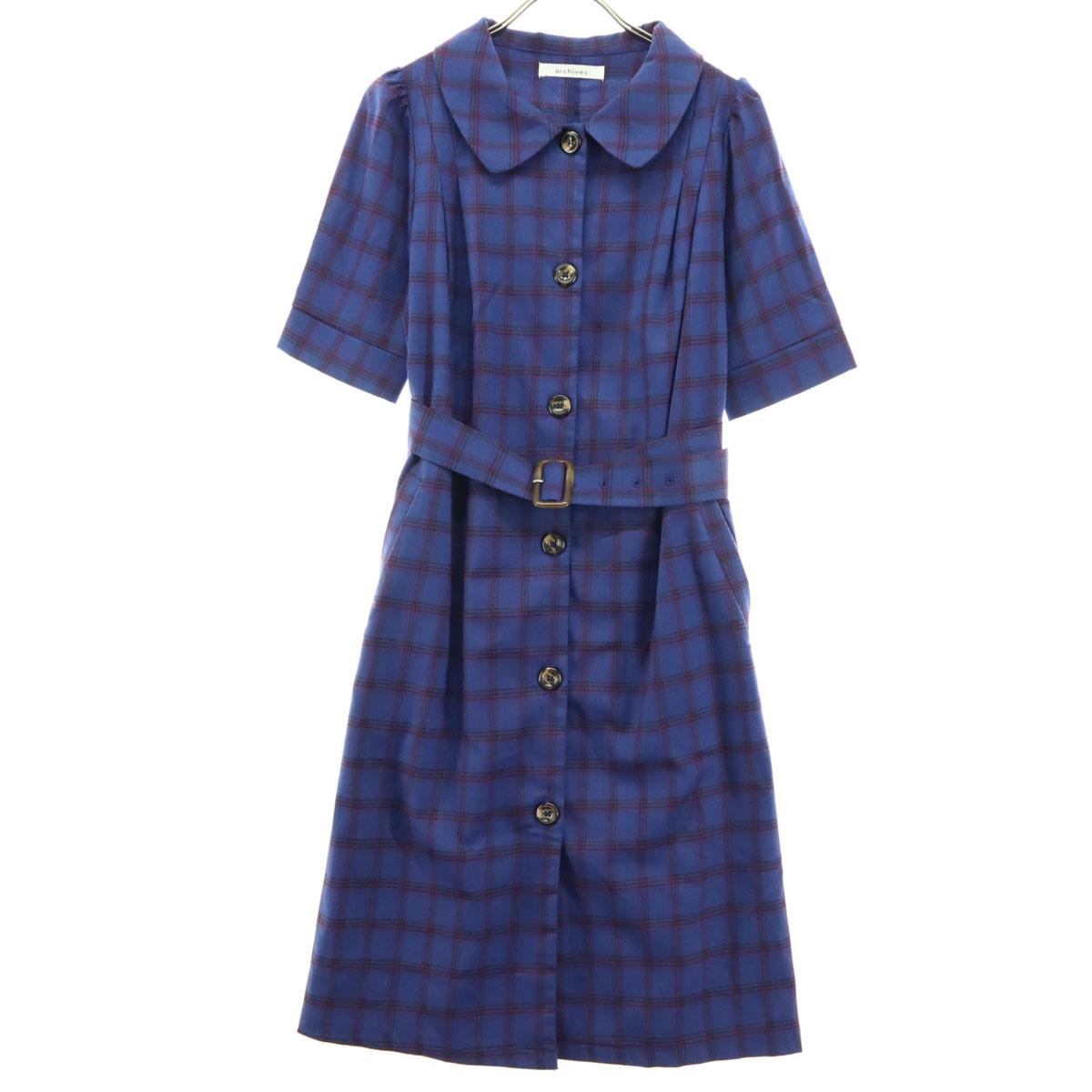 

archives Check Pattern Short sleeve Long dress Blue With belt Women Used