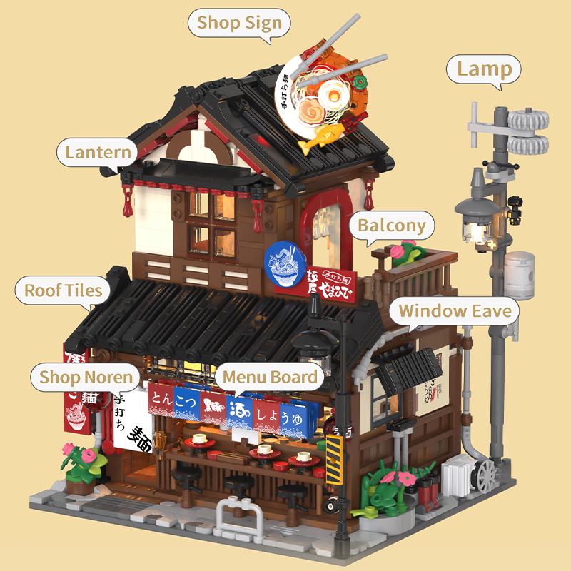 City Japanese Ramen Shop Street View Building Blocks Lamian Noodles Restaurant Architecture Lights Bricks Decoration Toys Gift