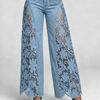 Lace Spliced Denim Pants Elegant Hollow Out Jeans Women Flower Embroidery High Waist Straight Loose Trousers Office Lady Pants
