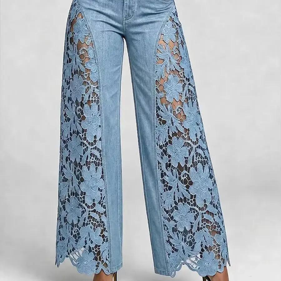 Lace Spliced Denim Pants Elegant Hollow Out Jeans Women Flower Embroidery High Waist Straight Loose Trousers Office Lady Pants