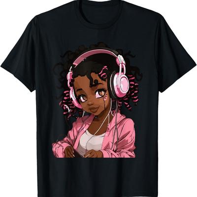 Anime and Music Black Girl Anime Merch Afro African American T-Shirt(13)