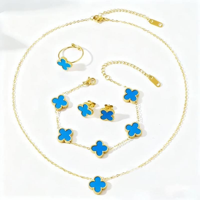 4PCS 13MM Double-Sided Smooth Mother-of-Pearl Four-Leaf Clover Set, Necklace, Bracelet, Earrings And Ring Set, Versatile Jewelry for Women