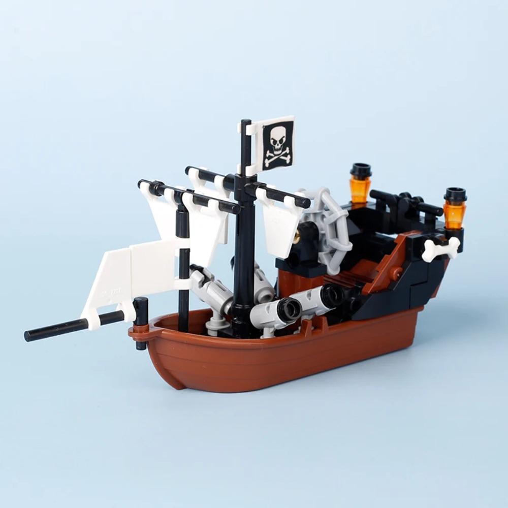 MOC Mittelalterliche Piratenbar Modellbausteine Set Papagei Blockhütte Inselhaus Lagerfeuer Baum Segelboot Schiff Steine Spielzeug Geschenk