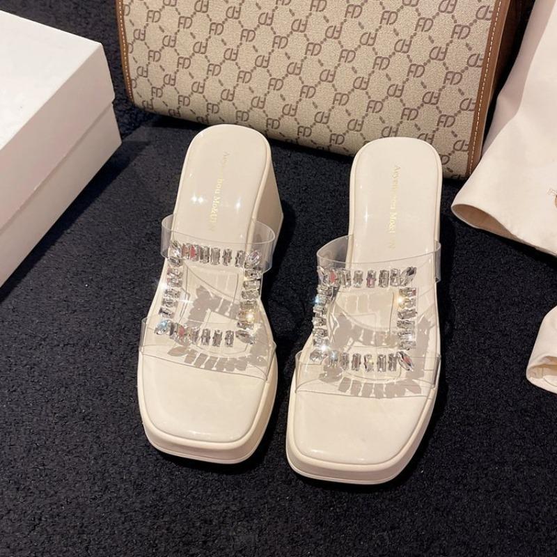 thick-soled high-heeled cool slippers for women, new large-size fashion one-word drag rhinestone women's slippers