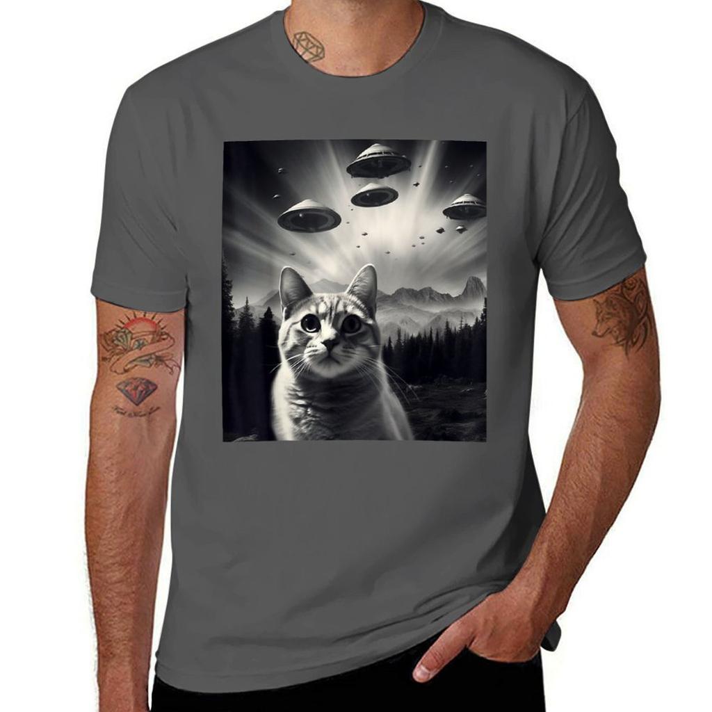 Funny Cat Selfie with UFOs T-Shirt T Shirts Cotton 100% T Shirts for Man Pack White T Shirts for Man Cotton Funny T-Shirt