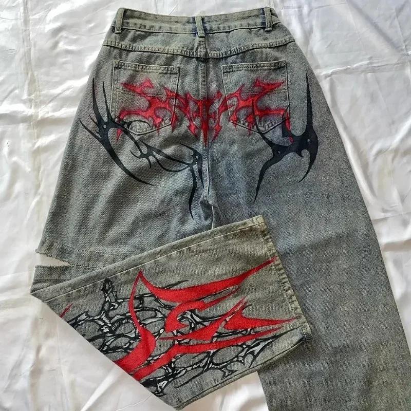 Harajuku Gothic Spike Print Women's Jeans Hip Hop Ripped Wide-leg Jeans Y2k Baggy Denim Pants Autumn Retro Cool Streetwear