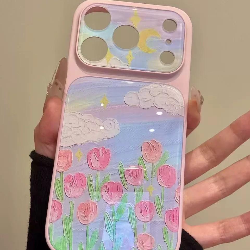 Ins Style Aesthetic Cloud & Tulip Oil Painting iPhone 17 Pro Max Case - Fits Apple 16 Female.