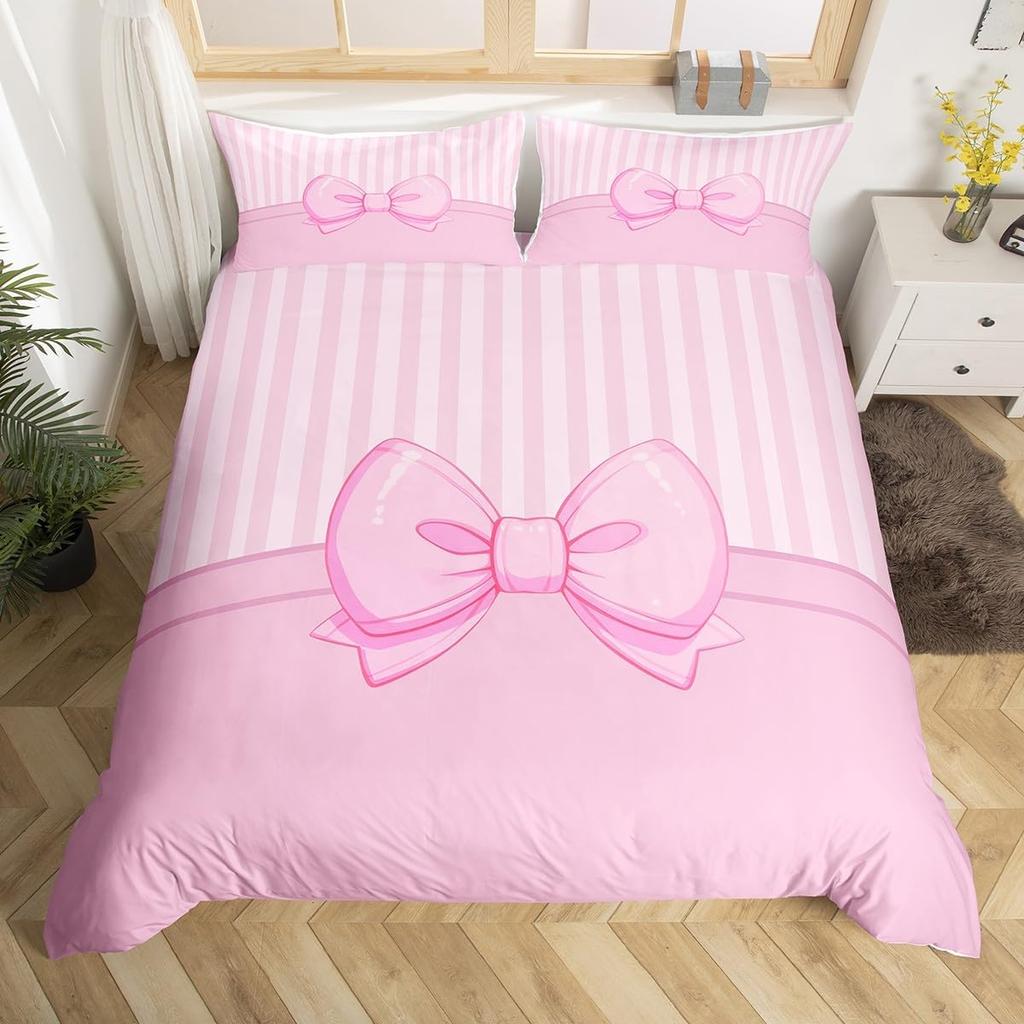 Dreamy Pink Bow Duvet Cover Queen King Size Princess Style Cute Bow Print Suitable For Kids Girls Teens Bedroom Decoration 3 Pcs