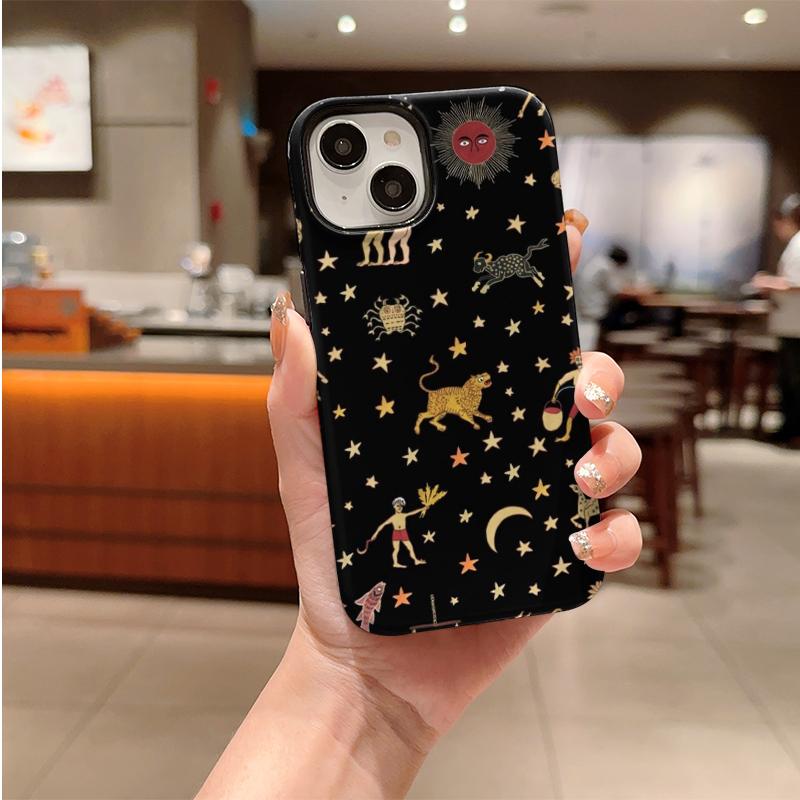 Celestial Zodiac Astrology Gold Stars Pattern Art Film Aesthetic Protective Shockproof Bumper Phone Case Cover For iPhone 14 15 16 Pro Max Plus