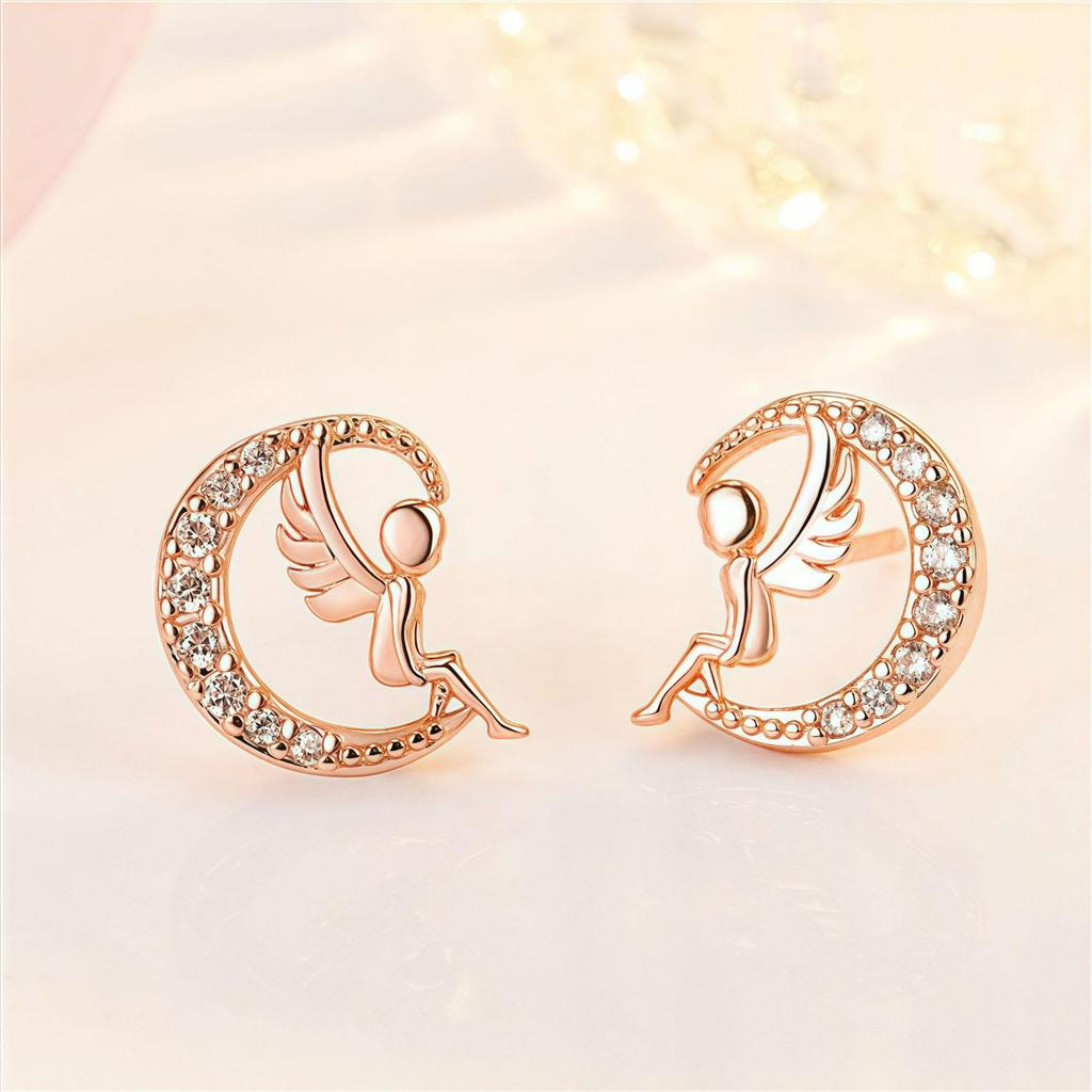 S925 Silver Angel Wing Moon & Heart Stud Earrings - Korean Winter Style