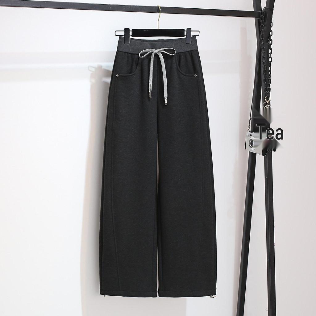 2026 Winter Women's Thick Fleece-Lined Gray Wool Wide-Leg Sweatpants